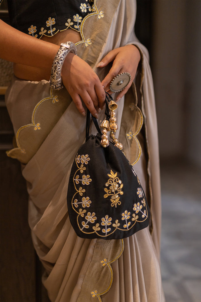 Beige Gota Patti Chinon Saree
