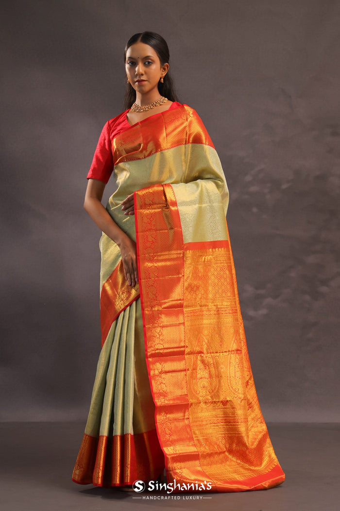Beige Kanjivaram Tissue Silk Saree With Contrast Vibrant Orange Border