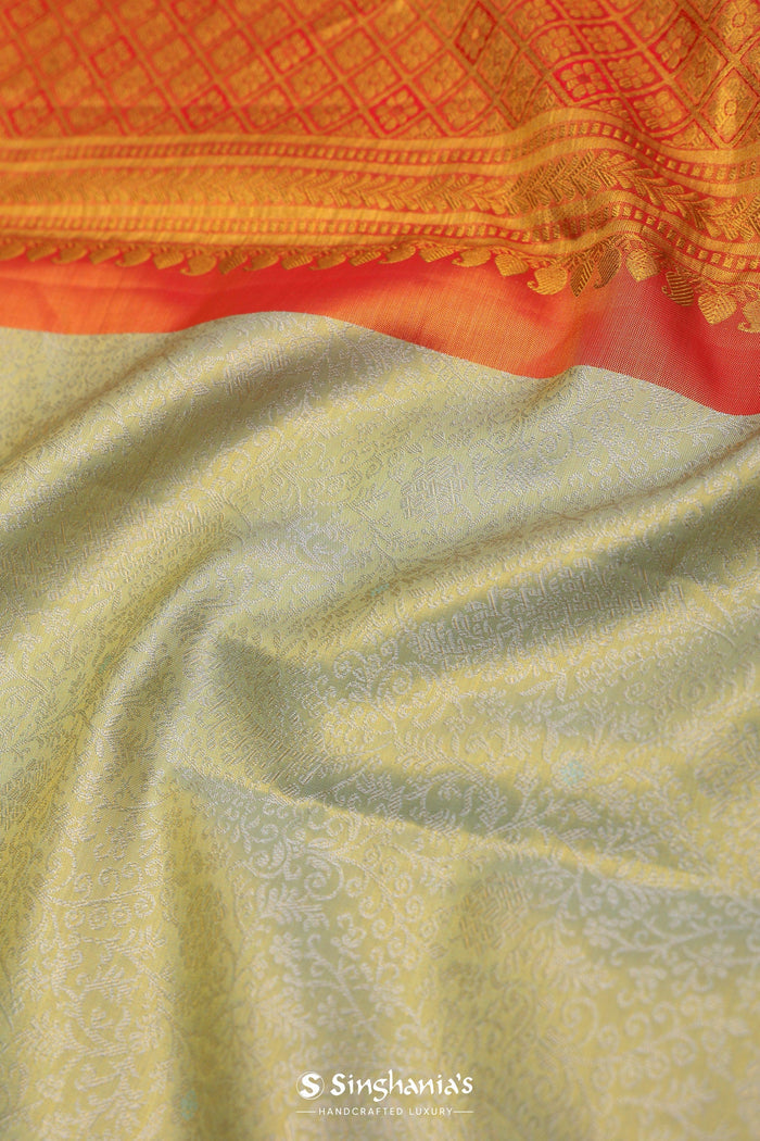 Beige Kanjivaram Tissue Silk Saree With Contrast Vibrant Orange Border