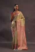 Beige Kanjivaram Tissue Silk Saree With Pink Border