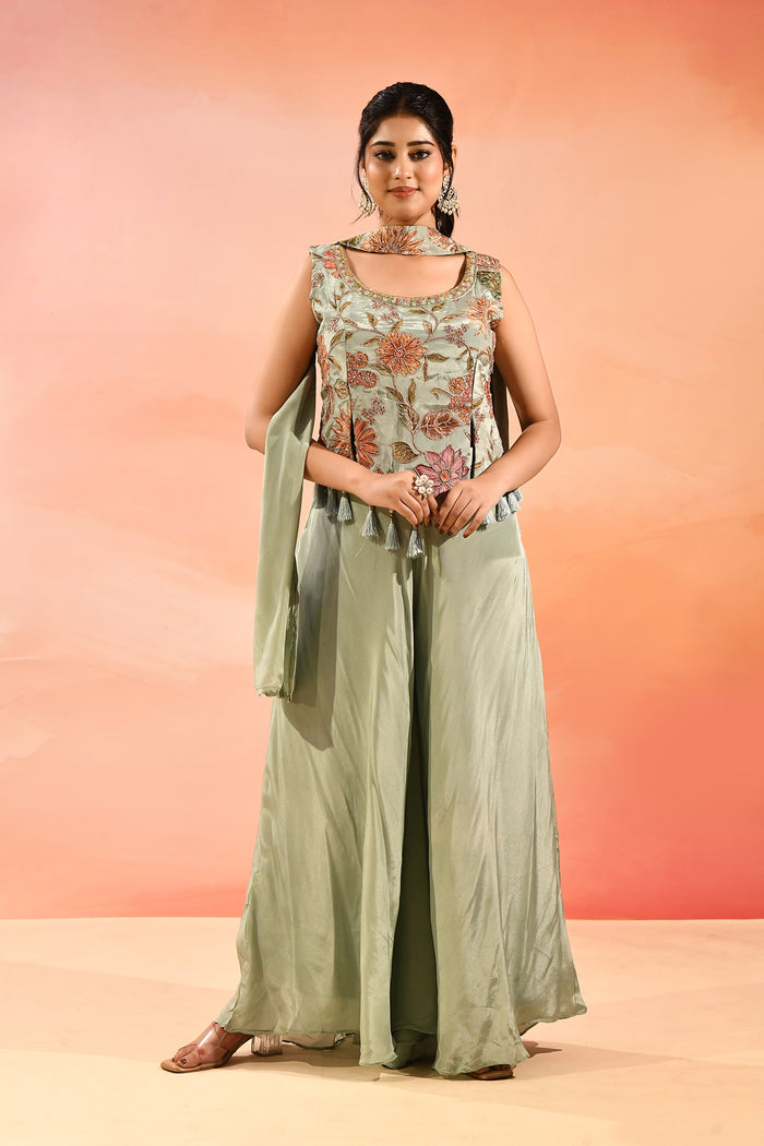 Beige Multi Colour Floral Peplum Embroidery Set
