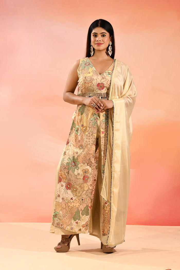 Beige Multi Colour Floral Peplum Embroidery Set