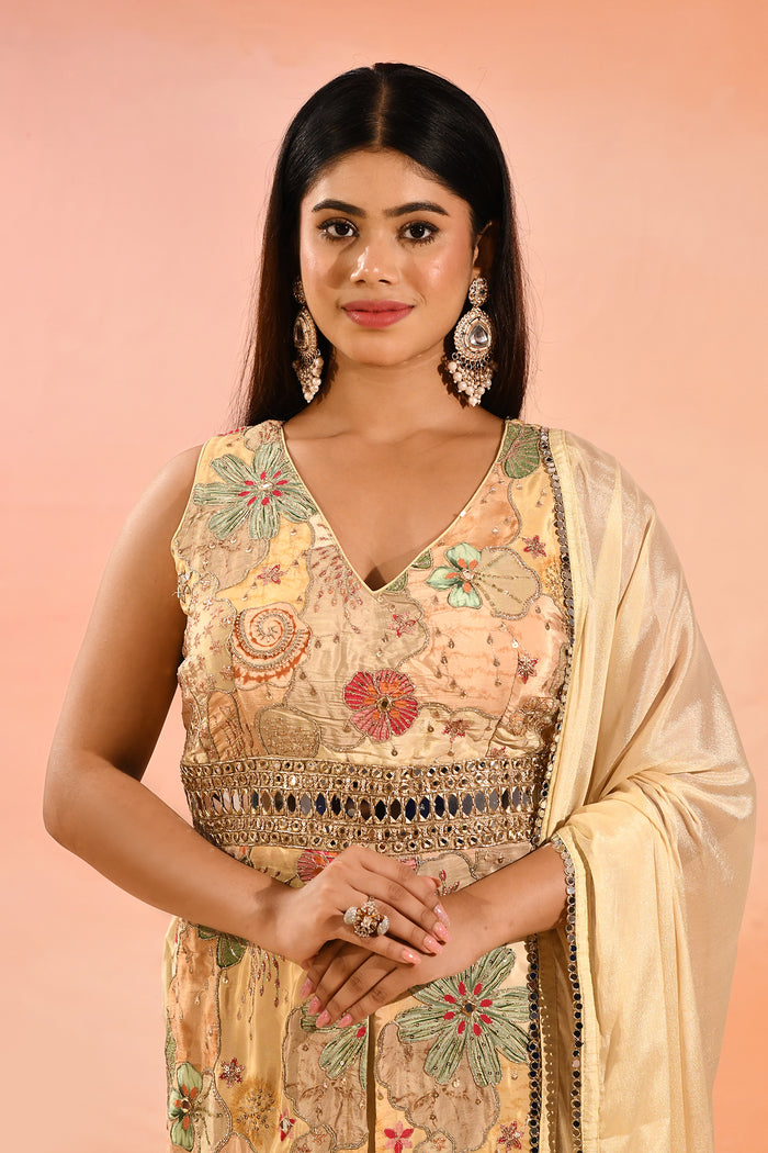 Beige Multi Colour Floral Peplum Embroidery Set