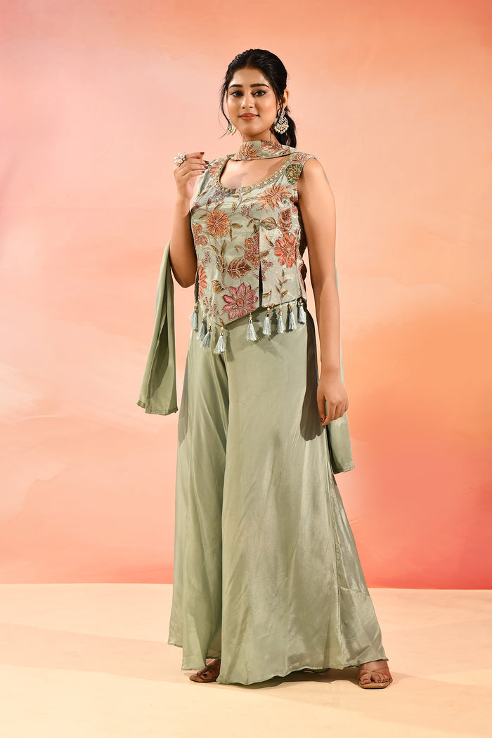 Beige Multi Colour Floral Peplum Embroidery Set