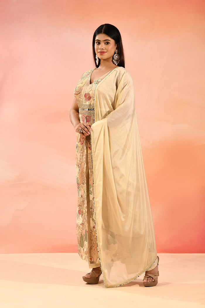 Beige Multi Colour Floral Peplum Embroidery Set