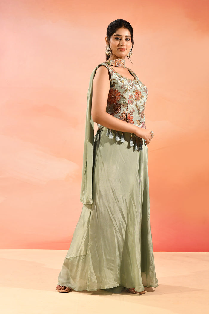 Beige Multi Colour Floral Peplum Embroidery Set
