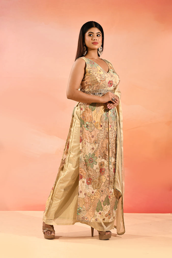 Beige Multi Colour Floral Peplum Embroidery Set