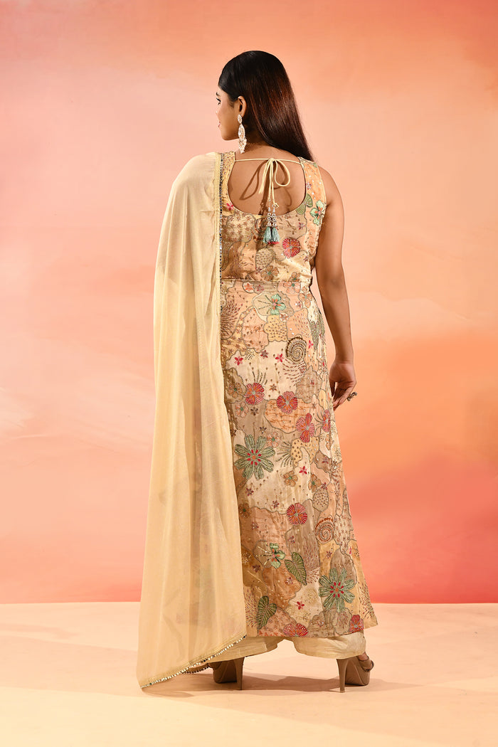 Beige Multi Colour Floral Peplum Embroidery Set