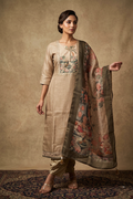 Beige Printed Tussar Silk Kurta Set