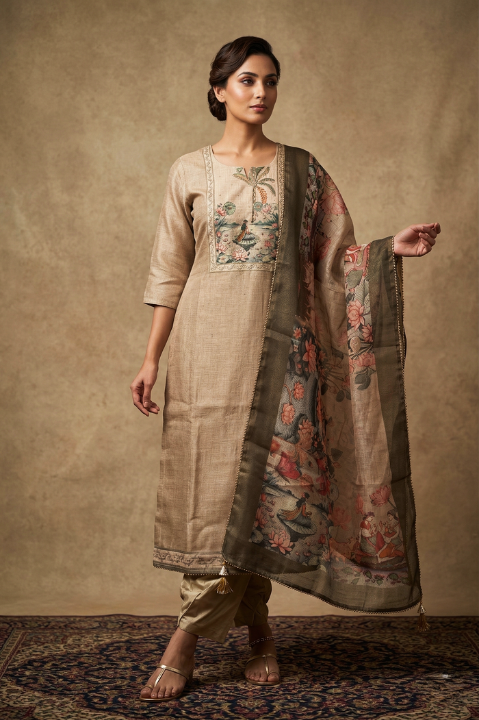 Beige Printed Tussar Silk Kurta Set