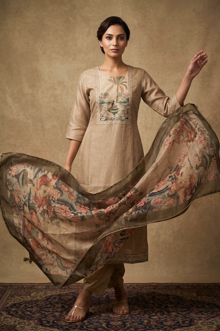 Beige Printed Tussar Silk Kurta Set