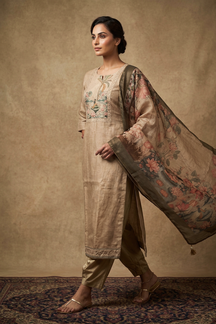 Beige Printed Tussar Silk Kurta Set