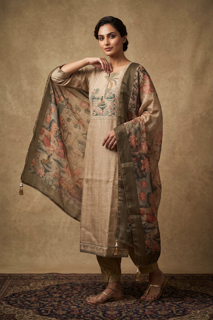 Beige Printed Tussar Silk Kurta Set