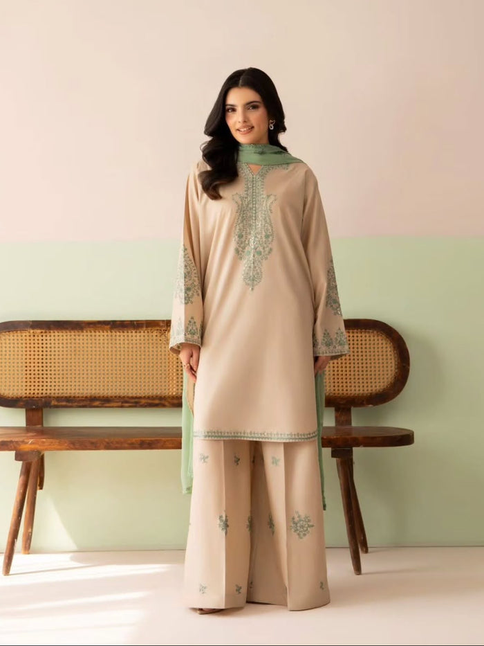 Beige Silk Kurti With Contrast Sage Detailing