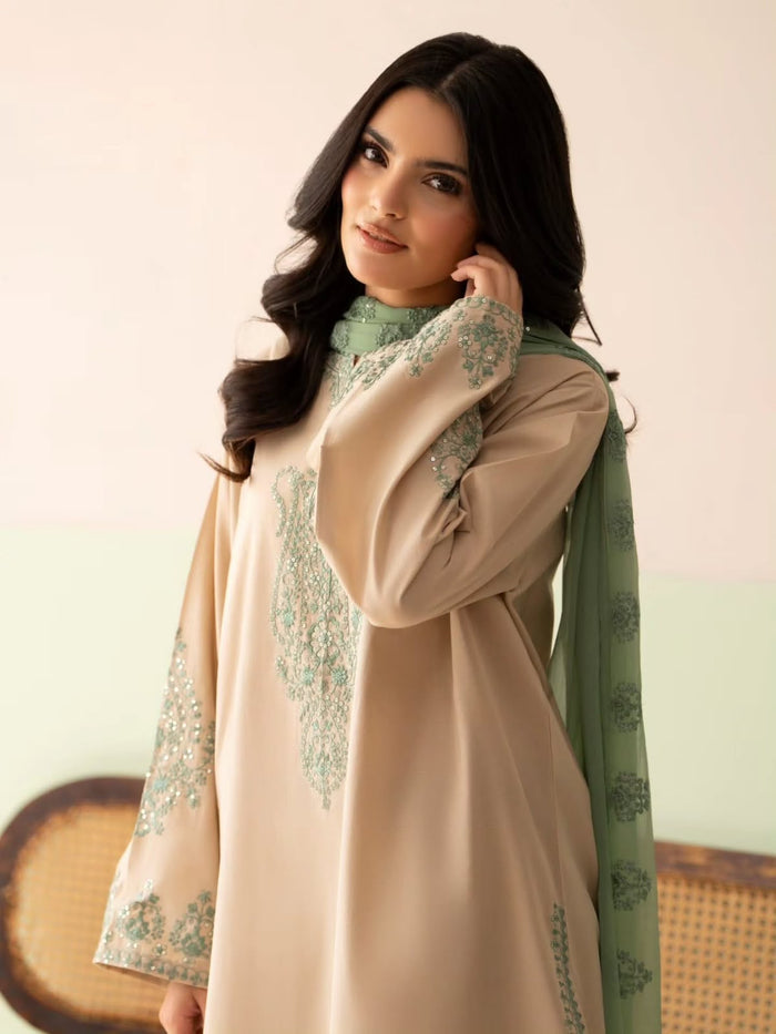 Beige Silk Kurti With Contrast Sage Detailing