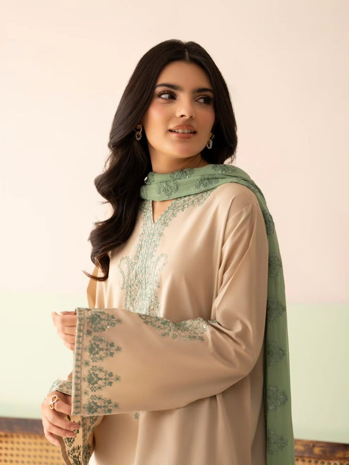 Beige Silk Kurti With Contrast Sage Detailing