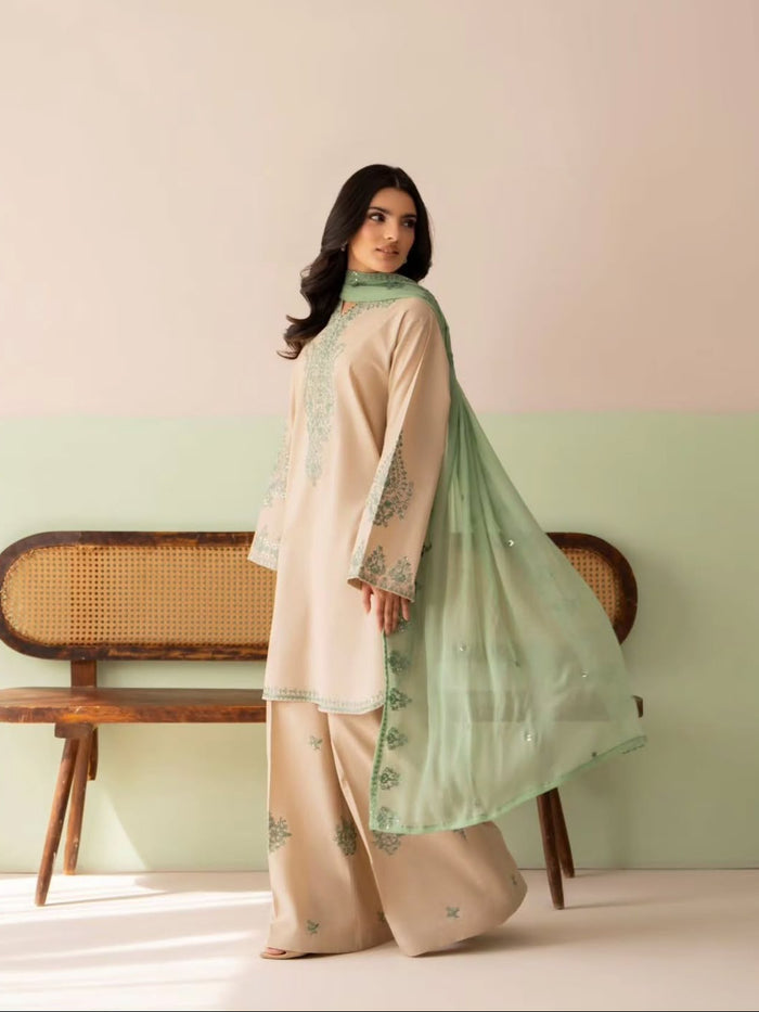 Beige Silk Kurti With Contrast Sage Detailing