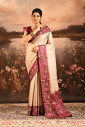 Beige With Fine Stripes And Maroon Embroidered Pallu Designer Saree