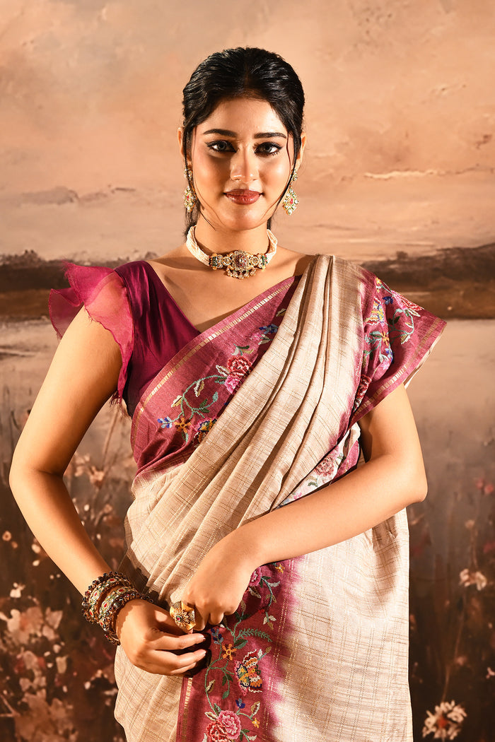 Beige With Fine Stripes And Maroon Embroidered Pallu Designer Saree