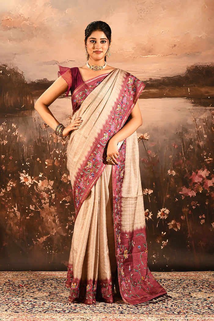 Beige With Fine Stripes And Maroon Embroidered Pallu Designer Saree