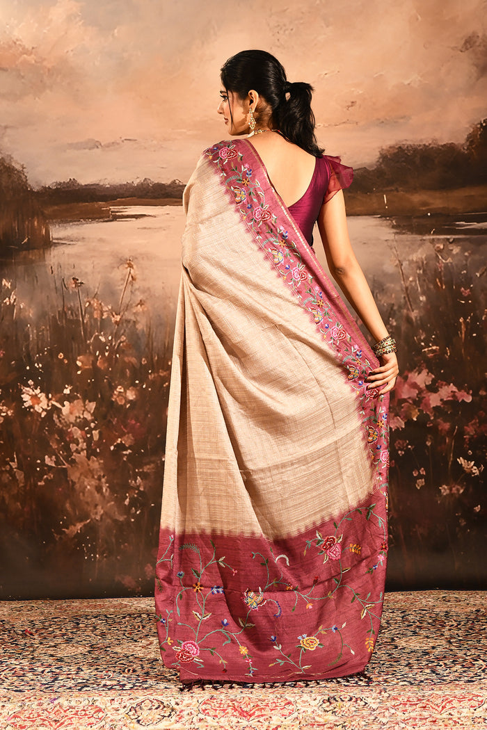 Beige With Fine Stripes And Maroon Embroidered Pallu Designer Saree
