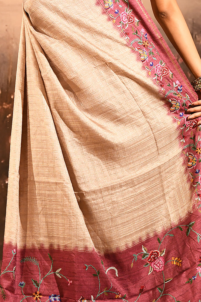Beige With Fine Stripes And Maroon Embroidered Pallu Designer Saree