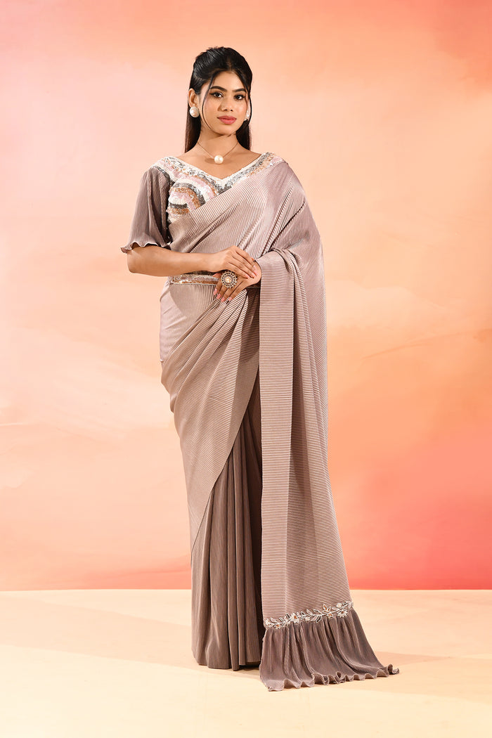 Beige With Ribbed Pleats With Embroidery Waist Belt Velvet Designer Saree