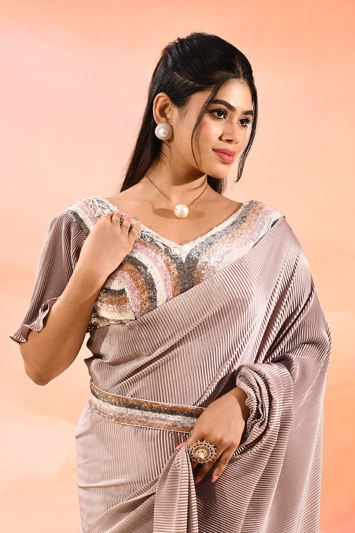 Beige With Ribbed Pleats With Embroidery Waist Belt Velvet Designer Saree