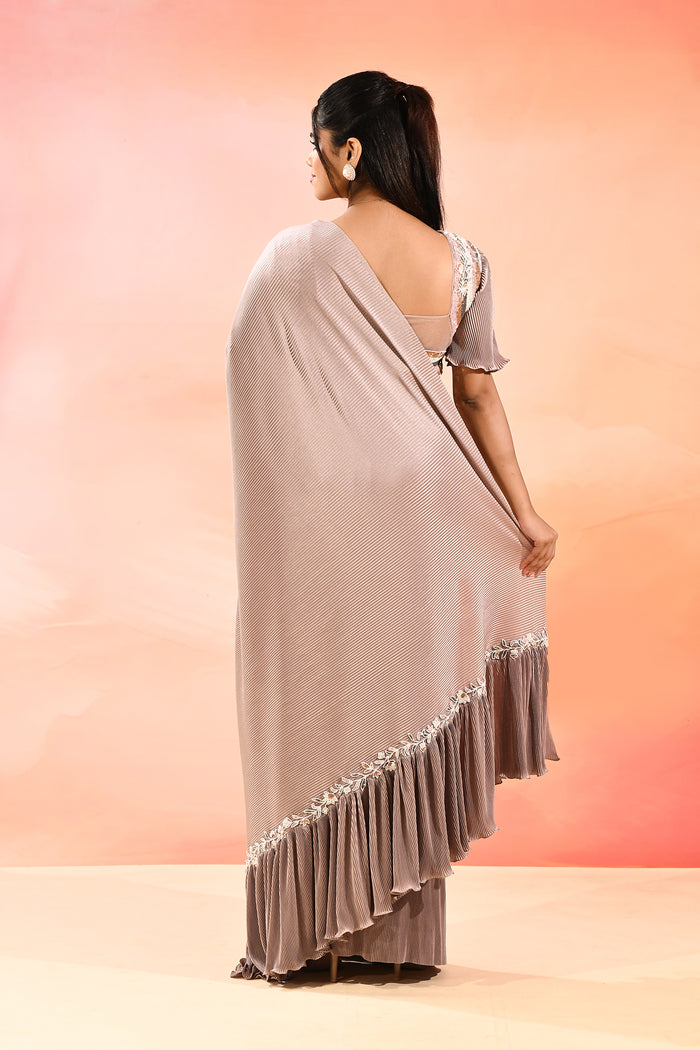 Beige With Ribbed Pleats With Embroidery Waist Belt Velvet Designer Saree