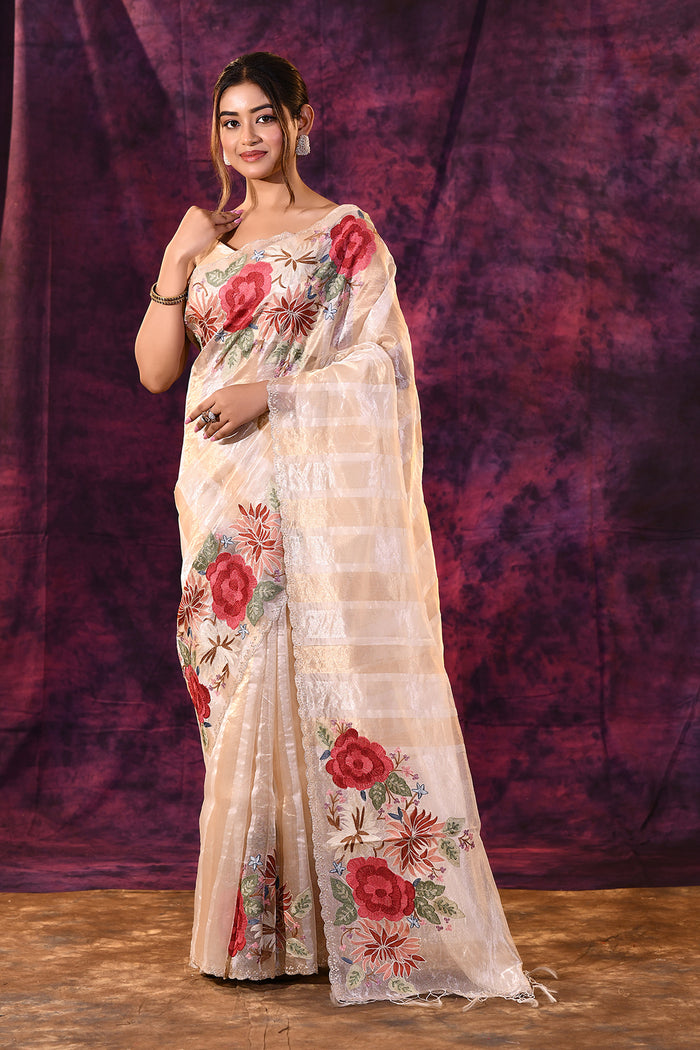 Beige With Striped Weave, Red Rose Embroidery And Scalloped Border Organza Saree