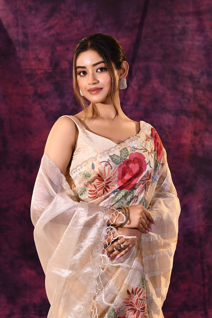 Beige With Striped Weave, Red Rose Embroidery And Scalloped Border Organza Saree