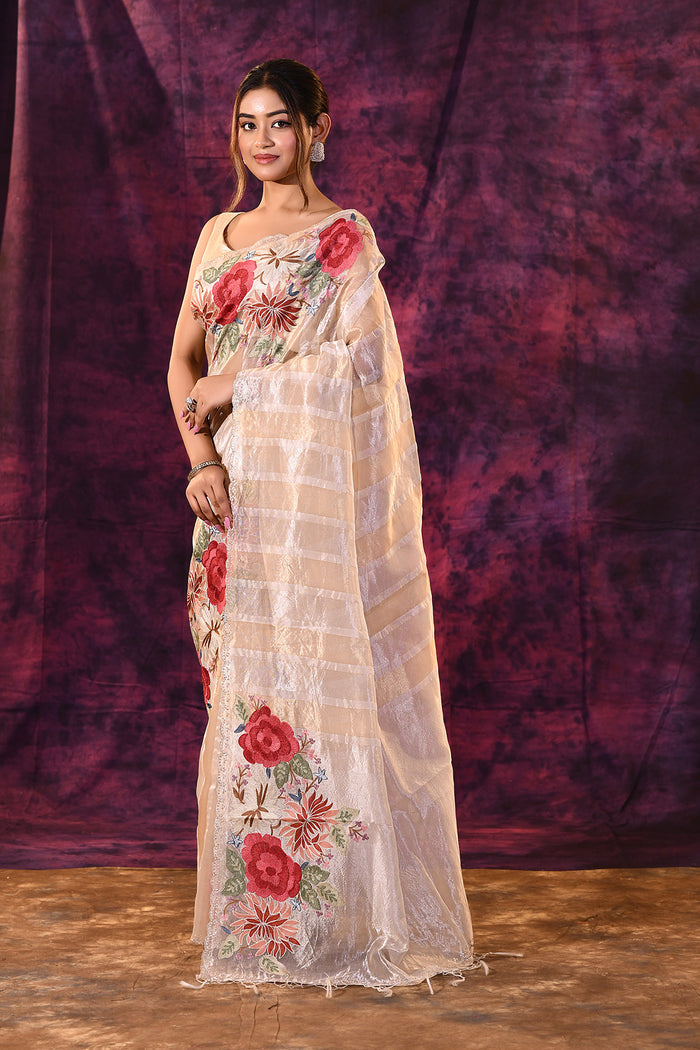 Beige With Striped Weave, Red Rose Embroidery And Scalloped Border Organza Saree