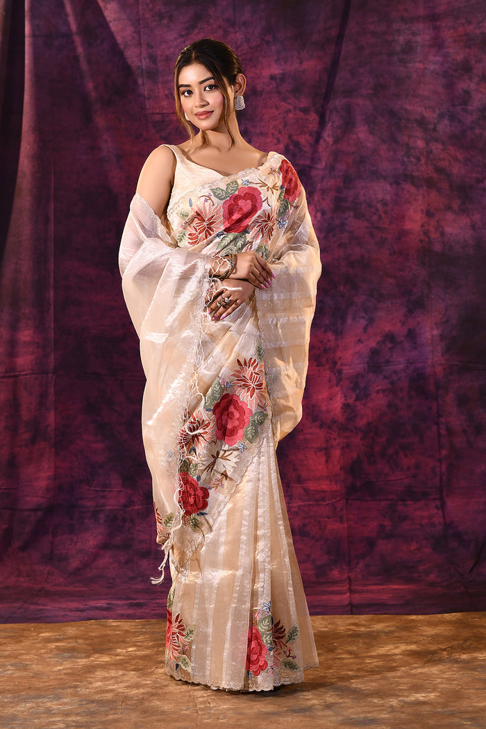 Beige With Striped Weave, Red Rose Embroidery And Scalloped Border Organza Saree