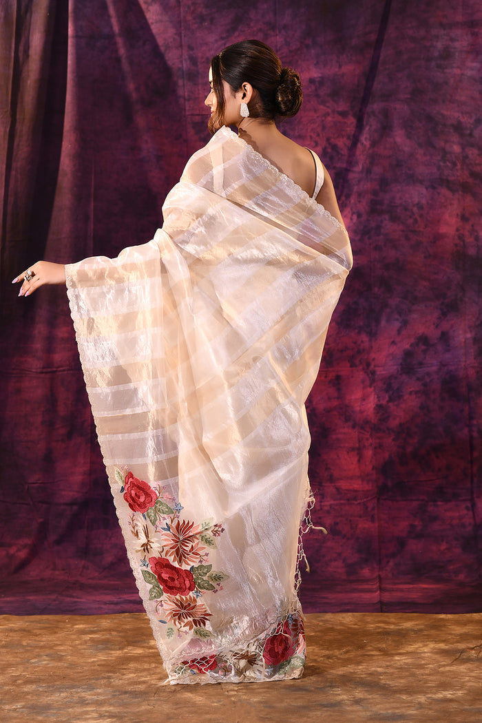 Beige With Striped Weave, Red Rose Embroidery And Scalloped Border Organza Saree