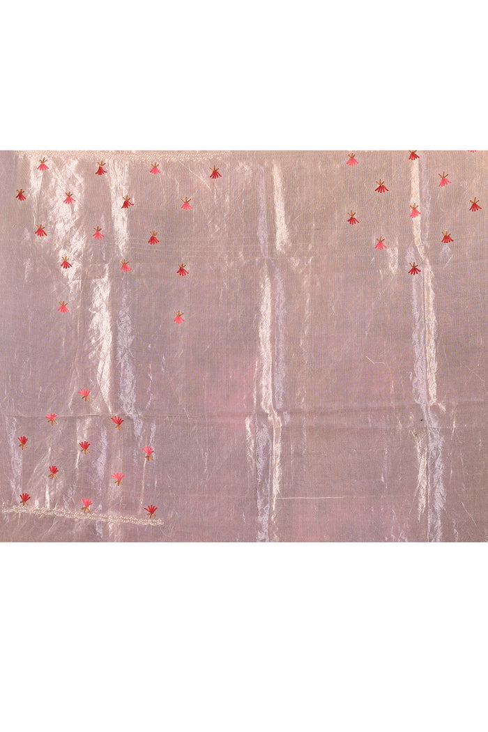 Beige With Striped Weave, Red Rose Embroidery And Scalloped Border Organza Saree
