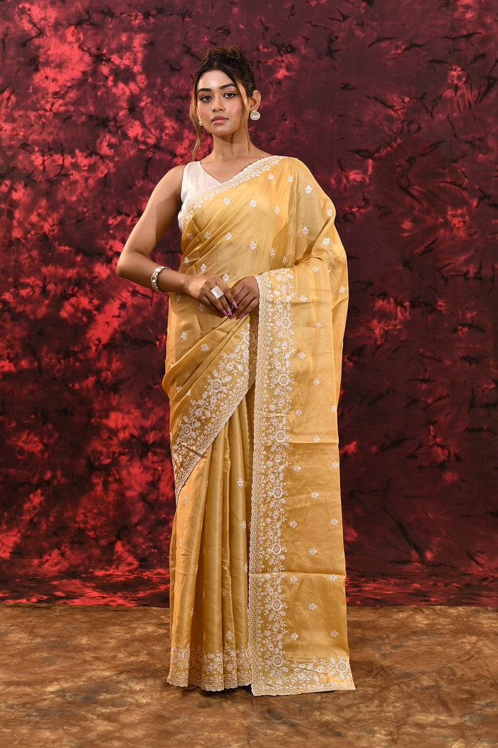 Beige Yellow Floral Silk Blend Saree