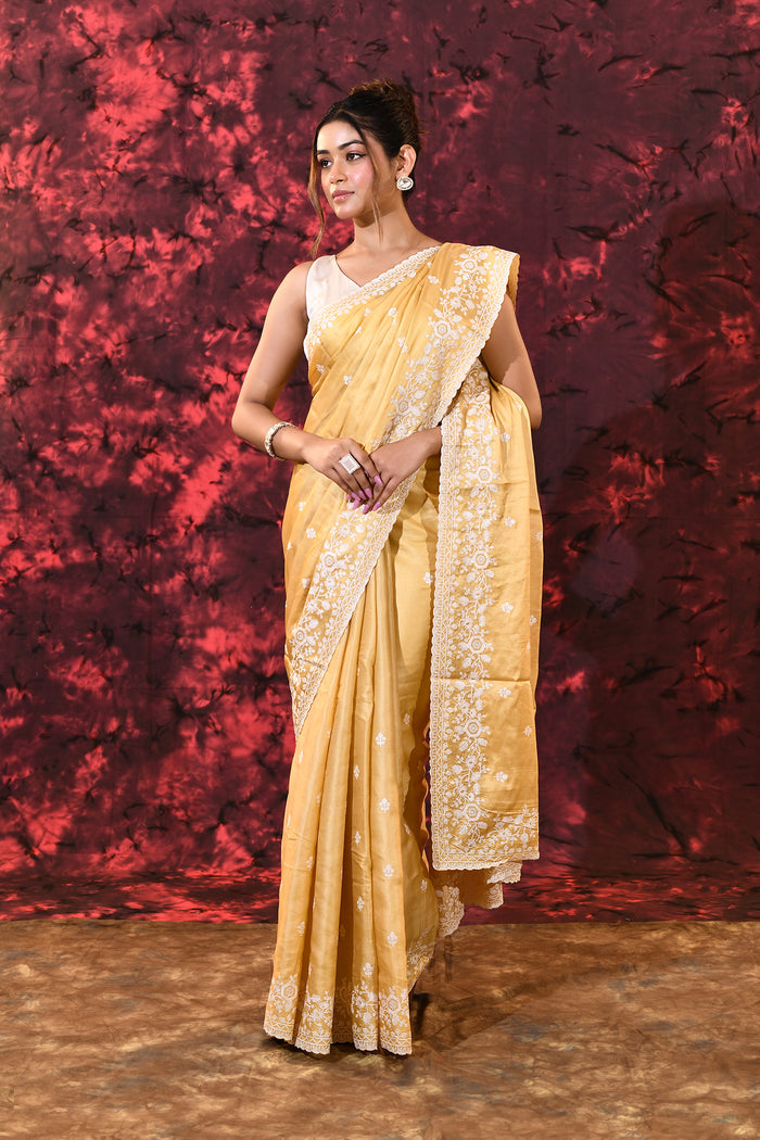 Beige Yellow Floral Silk Blend Saree