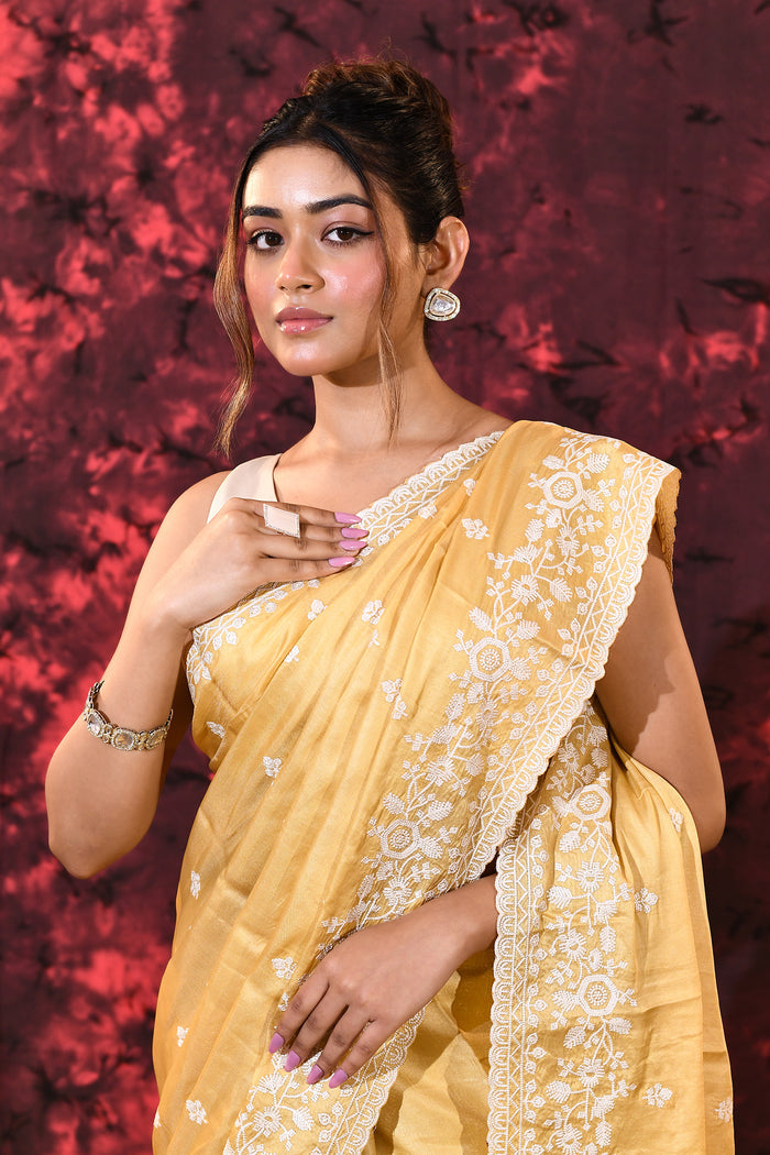 Beige Yellow Floral Silk Blend Saree
