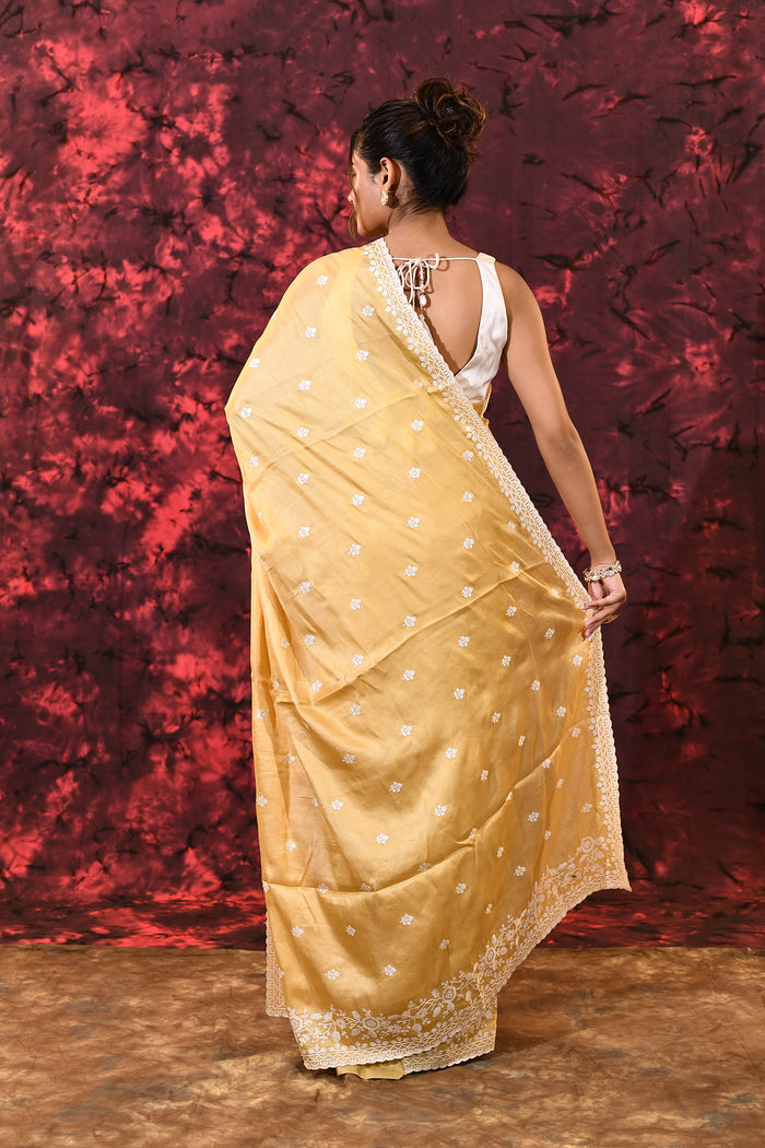 Beige Yellow Floral Silk Blend Saree