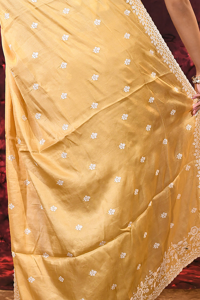 Beige Yellow Floral Silk Blend Saree