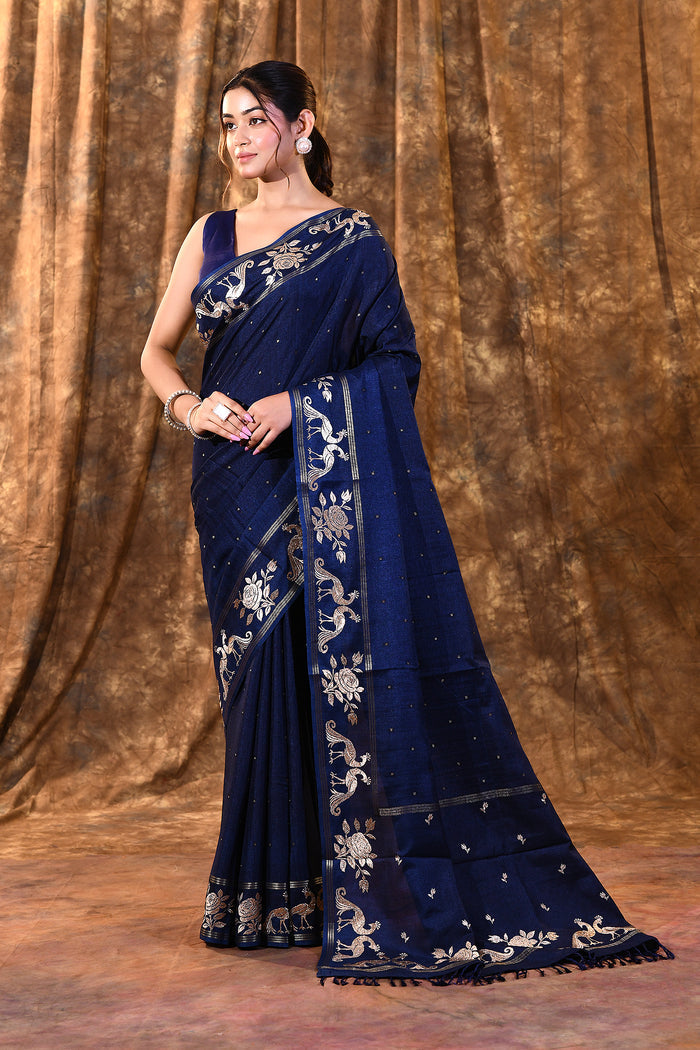 Berry Blue Tussar Embroidered Saree