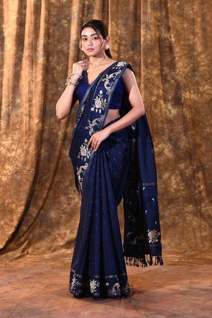 Berry Blue Tussar Embroidered Saree