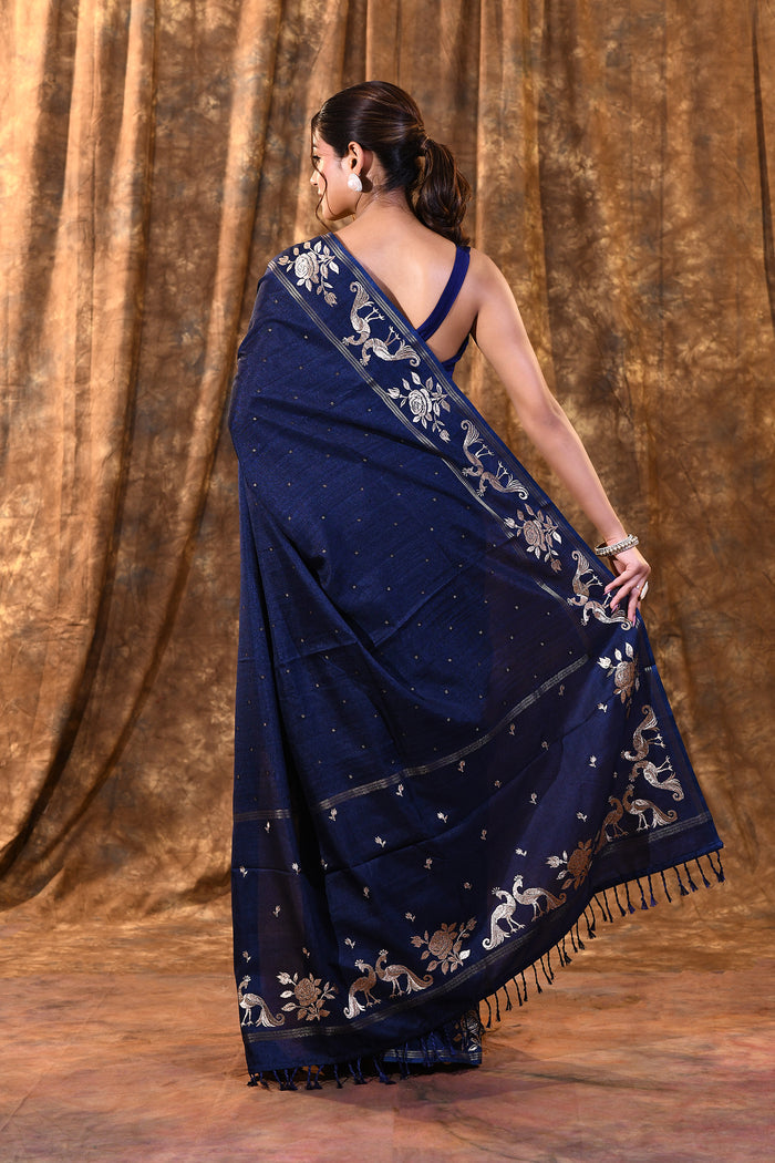 Berry Blue Tussar Embroidered Saree