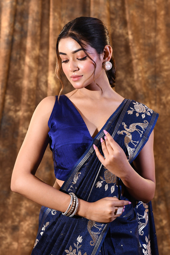 Berry Blue Tussar Embroidered Saree