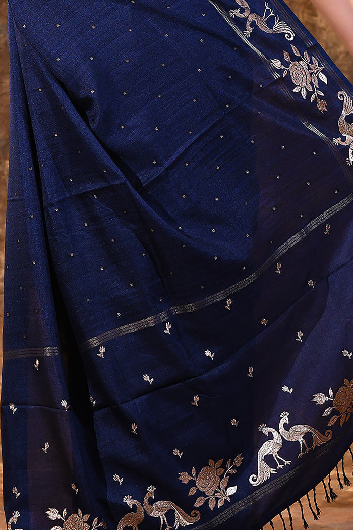 Berry Blue Tussar Embroidered Saree