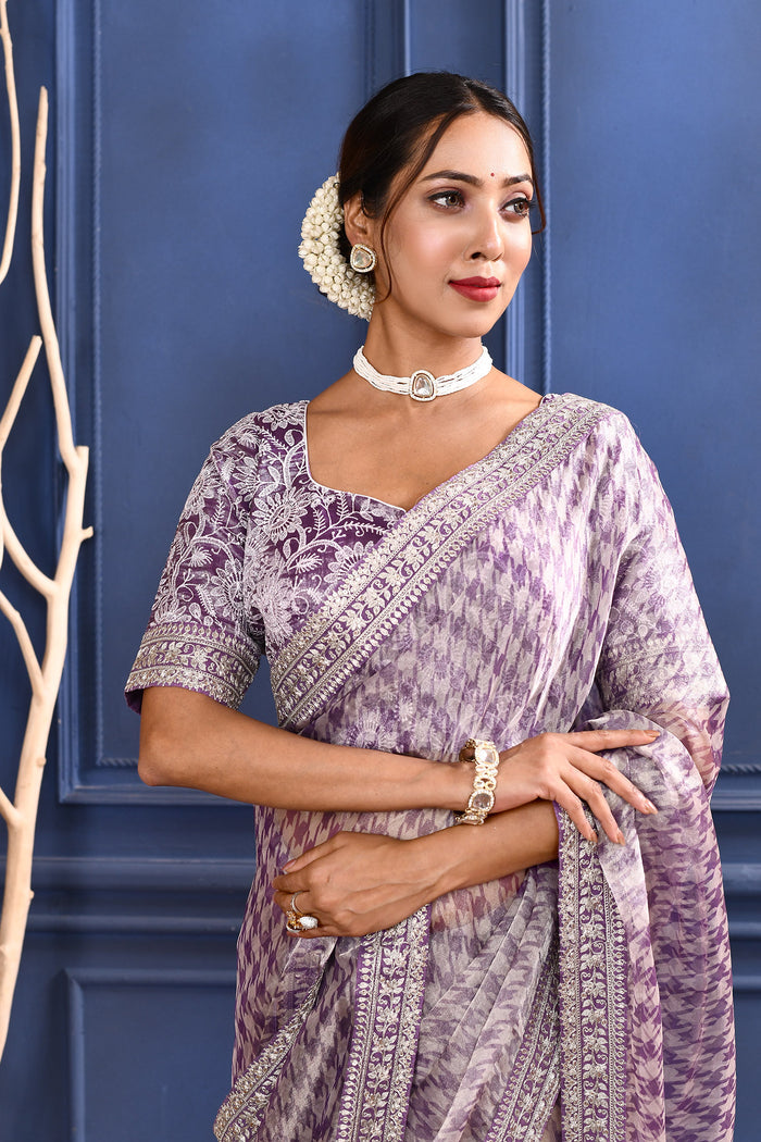 Berry Purple Printed Tissue Saree