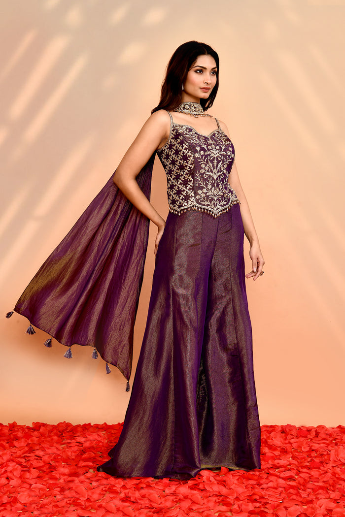 Berry Purple Tissue Silk Indo-Western Set
