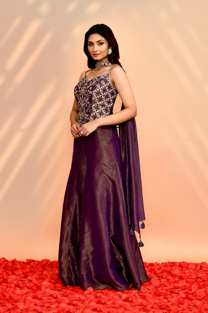 Berry Purple Tissue Silk Indo-Western Set
