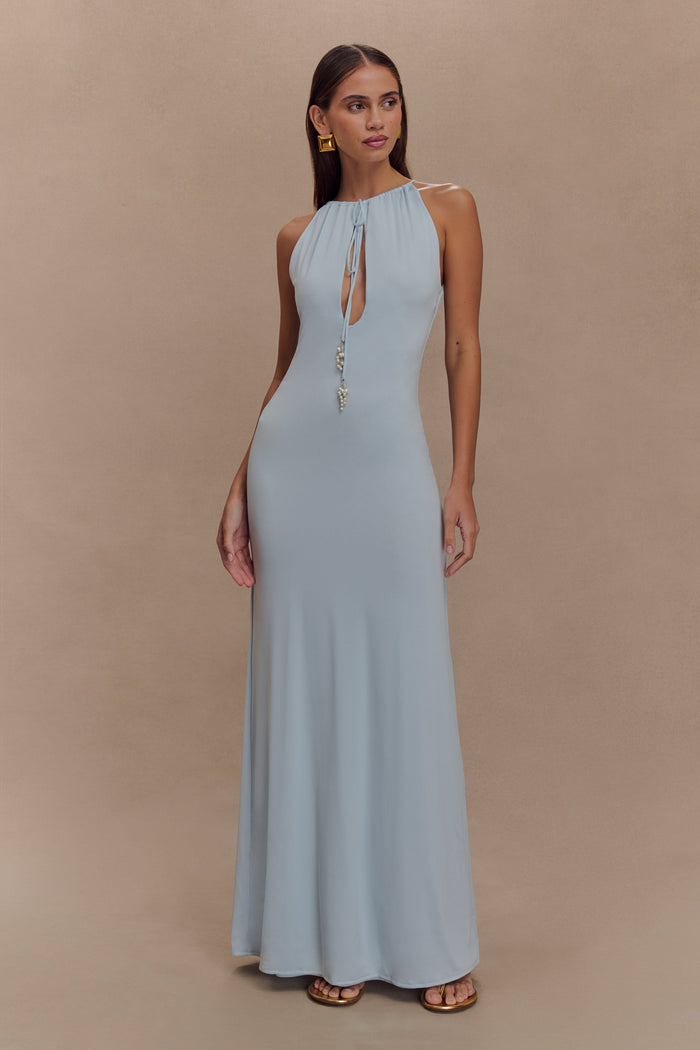 Beryl Slinky Maxi Dress With Pearls - Pale Blue