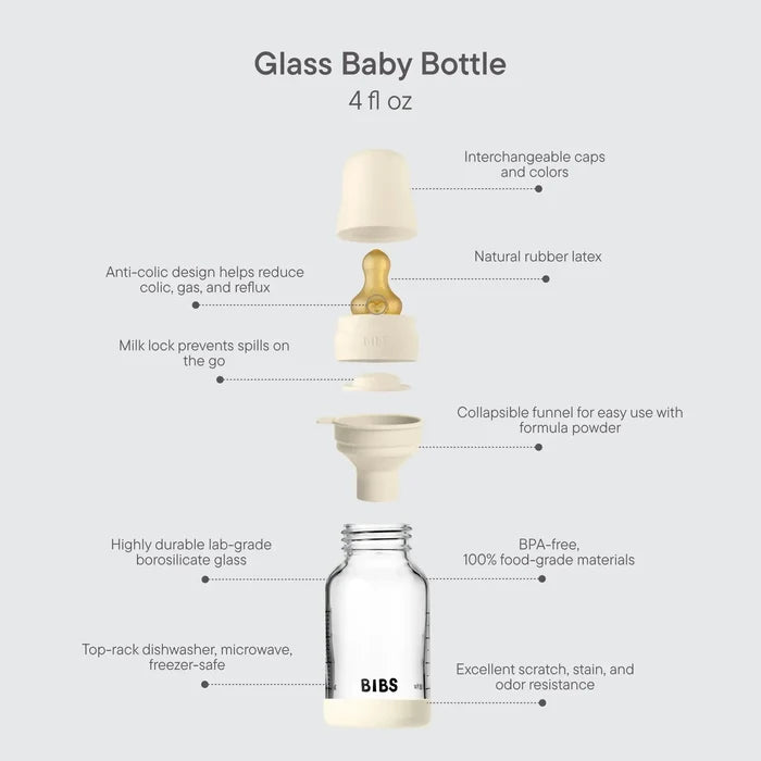 Glass baby bottle with features highlighted on a white background
